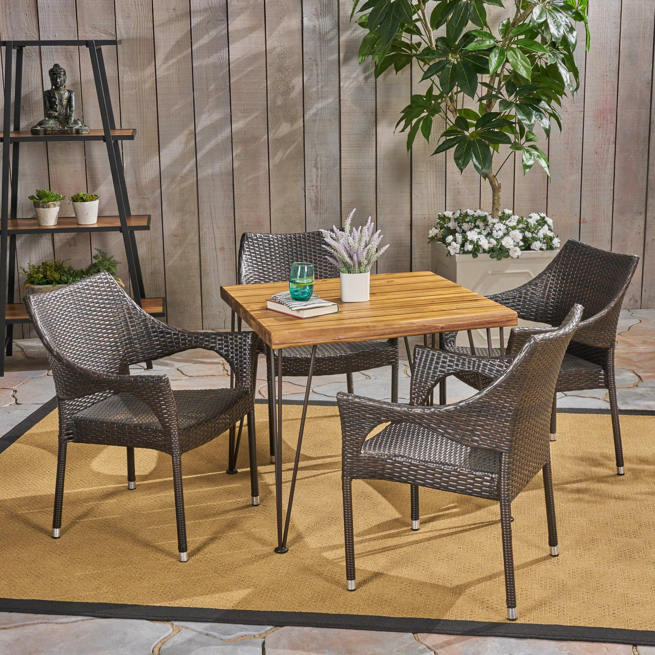 Arya Outdoor 5 Piece Industrial Wood And Wicker Square Dining Set Throughout Preferred Teak And Wicker Dining Sets (View 5 of 15)