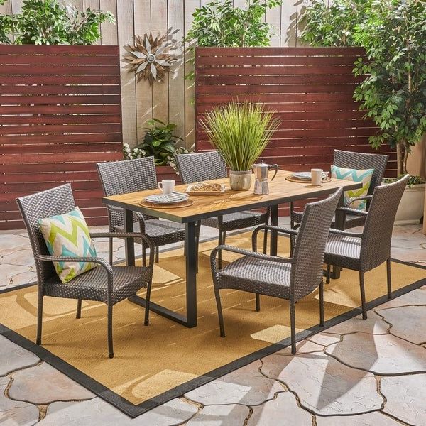 Banner Outdoor 6 Seater Rectangular Acacia Wood And Wicker Dining Set Pertaining To Favorite Wood Rectangular Outdoor Dining Sets (View 10 of 15)