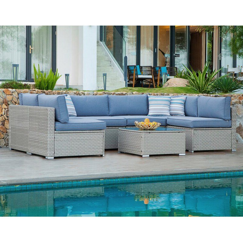 Bayou Breeze 7 Piece Outdoor Furniture Set Warm Grey Wicker Sectional With Well Known Outdoor Wicker Gray Cushion Patio Sets (View 15 of 15)
