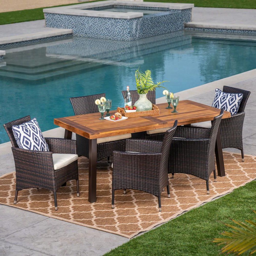 Best And Newest 7 Piece Patio Dining Sets With Cushions With Noble House 7 Piece Wicker, Wood And Iron Rectangular Outdoor Dining (View 6 of 15)
