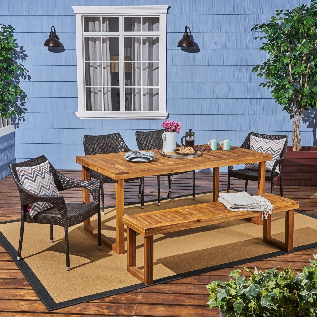 Best And Newest Brown Acacia 6 Piece Patio Dining Sets Intended For Amina Outdoor 6 Piece Acacia Wood Dining Set With Bench And Wicker (View 5 of 15)
