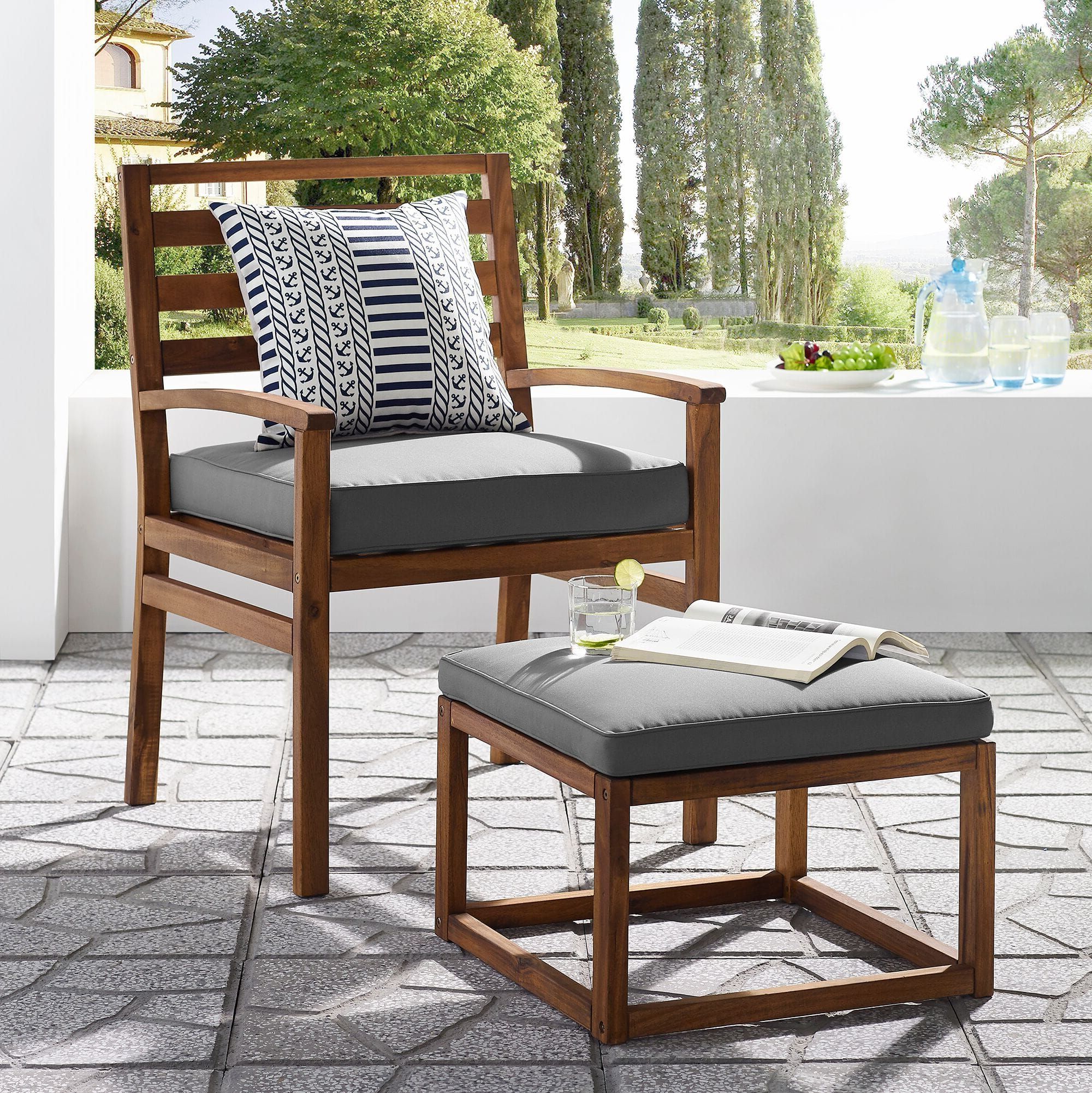 Best And Newest Brown Acacia Patio Chairs With Cushions With Acacia Wood Outdoor Patio Chair & Pull Out Ottoman – Brown/grey (View 10 of 15)