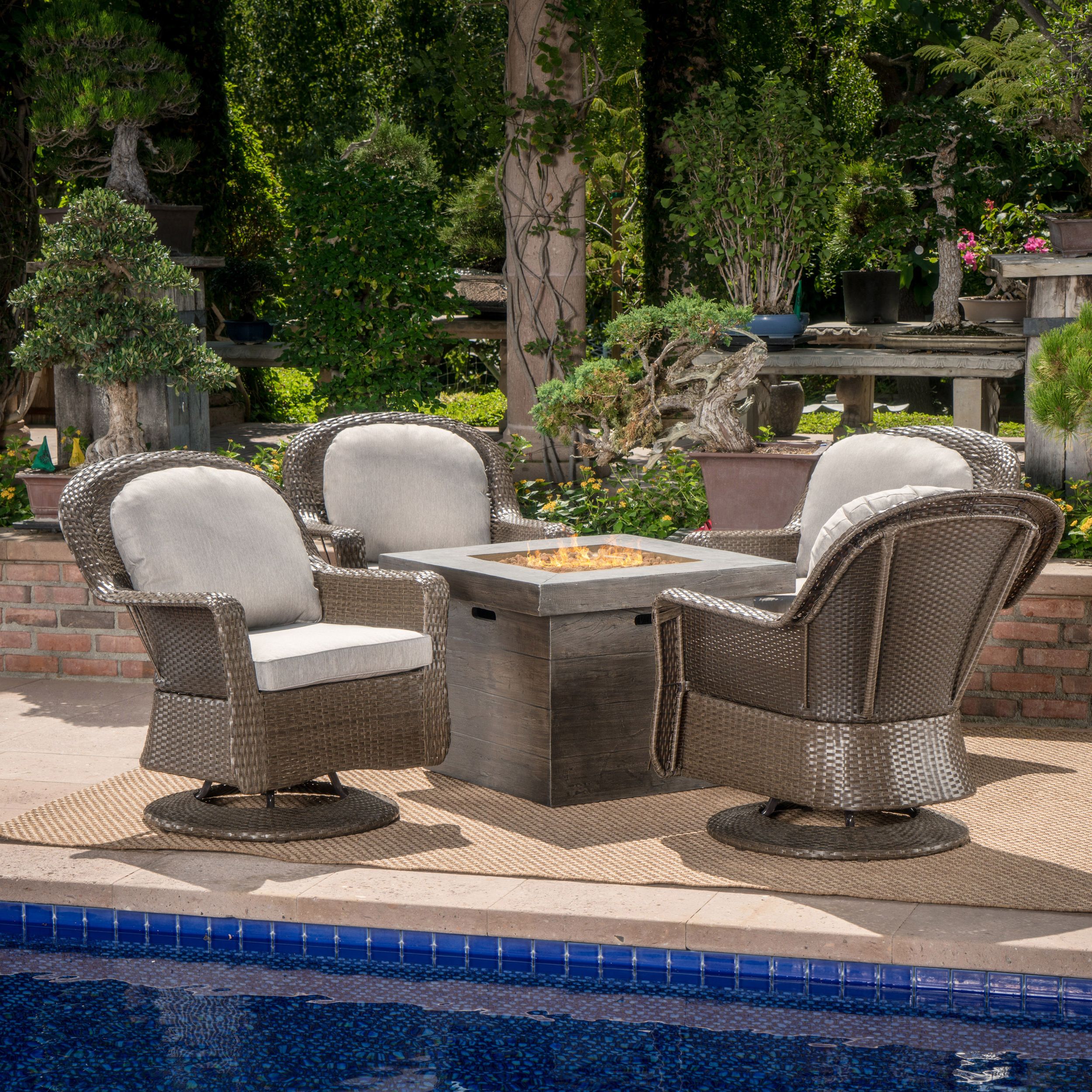 Best And Newest Chloe Outdoor 5 Piece Wicker Swivel Club Chairs And Cushions With Gas With Outdoor Wicker Gray Cushion Patio Sets (View 7 of 15)
