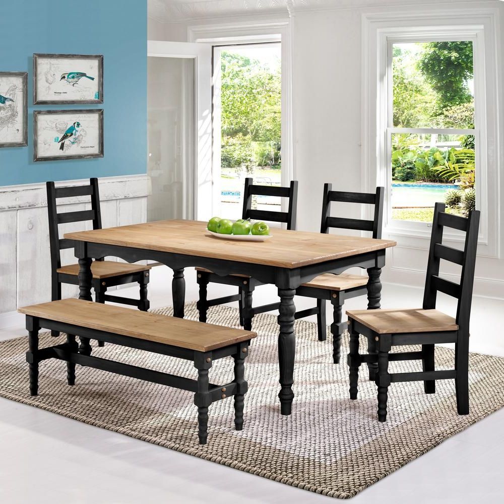 Best And Newest Dark Brown 6 Piece Patio Dining Sets Inside Manhattan Comfort Jay 6 Piece Black Wash Solid Wood Dining Set With  (View 12 of 15)