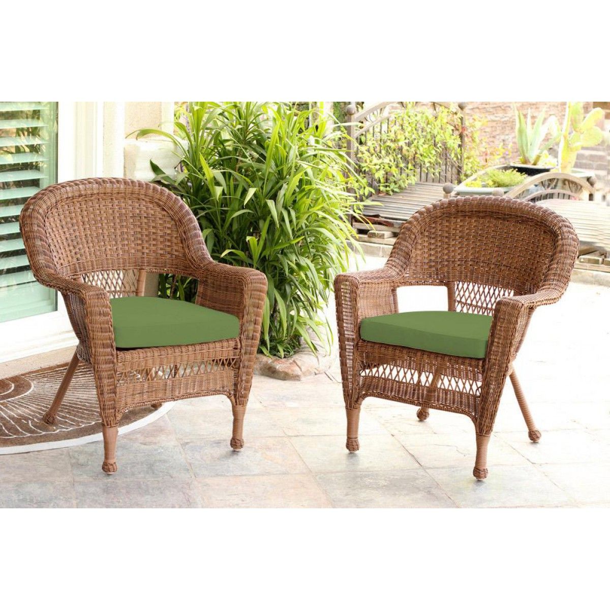 Best And Newest Green Rattan Outdoor Rocking Chair Sets Regarding Honey Wicker Chair With Hunter Green Cushion – Set Of  (View 3 of 15)