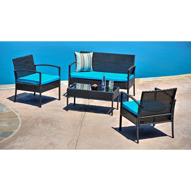 Best And Newest Teaset Four Piece Patio Conversation Set With Blue Cushions Throughout Blue Cushion Patio Conversation Set (View 5 of 15)