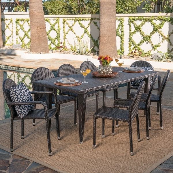 Best And Newest Wicker Rectangular Patio Dining Sets Intended For Shop Aurora Outdoor 9 Piece Rectangular Wicker Aluminum Dining Set (View 14 of 15)
