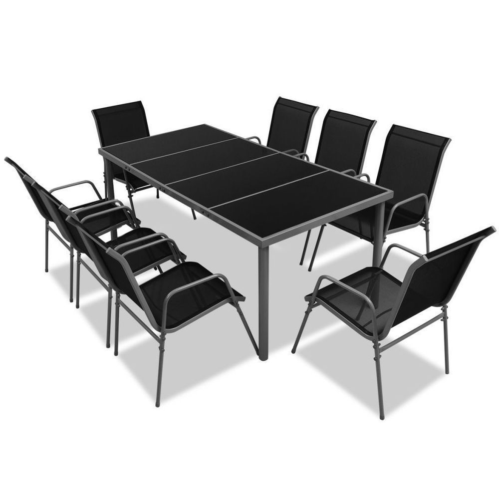 Black And Gray Outdoor Table And Chair Sets Regarding Preferred Glass Metal Outdoor Dining Set Table 8 Seater Black Grey Garden Patio (View 7 of 15)