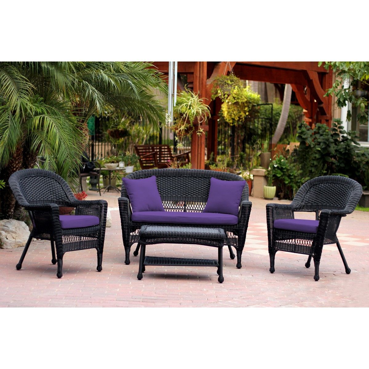 Black Cushion Patio Conversation Sets Pertaining To Well Liked 4pc Black Wicker Conversation Set – Purple Cushion (View 12 of 15)