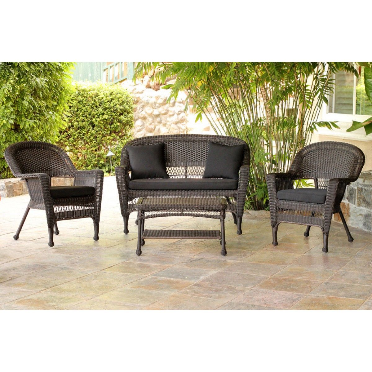 Black Cushion Patio Conversation Sets With Favorite 4pc Espresso Wicker Conversation Set – Black Cushions (View 1 of 15)