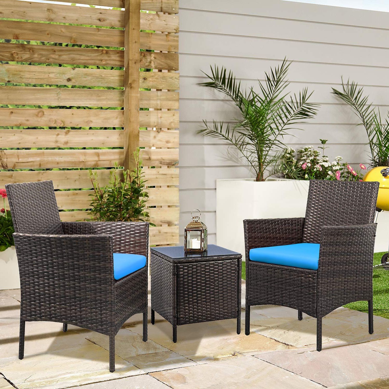 Blue And Brown Wicker Outdoor Patio Sets Inside 2019 Walnew 3 Pcs Outdoor Patio Furniture Pe Rattan Wicker Table And Chairs (View 11 of 15)
