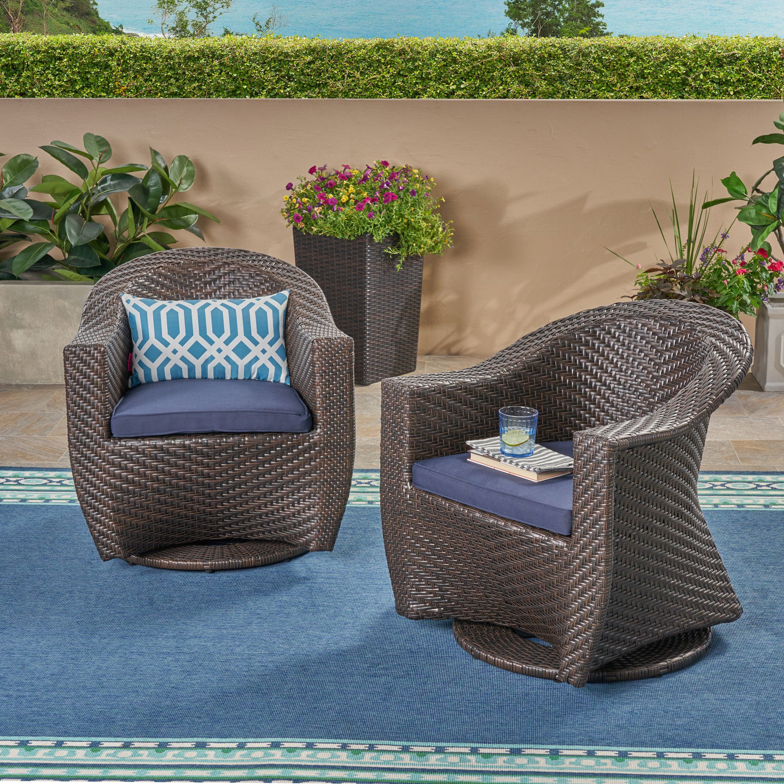 Blue And Brown Wicker Outdoor Patio Sets Within Most Popular Mackenzie Outdoor Swivel Wicker Chairs With Cushions, Set Of 2, Multi (View 10 of 15)