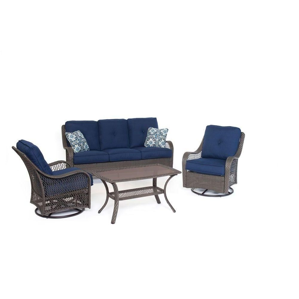 Blue Cushion Patio Conversation Set Inside 2019 Hanover Orleans Grey 4 Piece All Weather Wicker Patio Seating Set With (View 8 of 15)