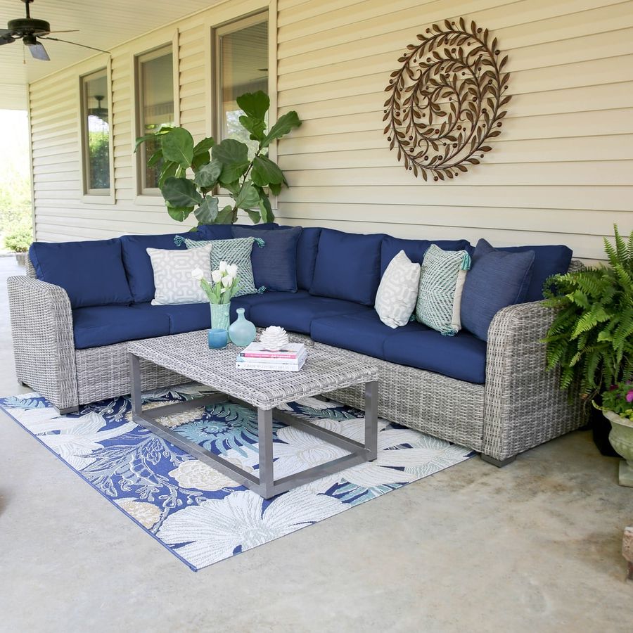 Blue Cushion Patio Conversation Set Intended For Preferred Leisure Made Forsyth 5 Piece Wicker Frame Patio Conversation Set With (View 4 of 15)
