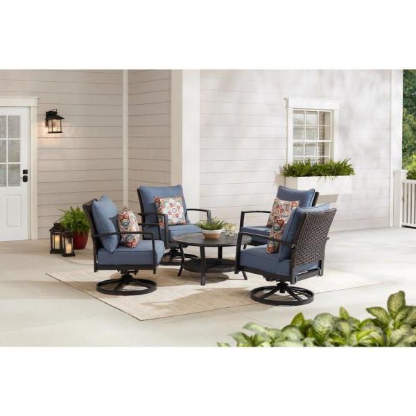 Blue Cushion Patio Conversation Set Throughout Well Known Hampton Bay Whitfield Dark Brown 5 Piece Wicker Outdoor Patio Motion (View 10 of 15)