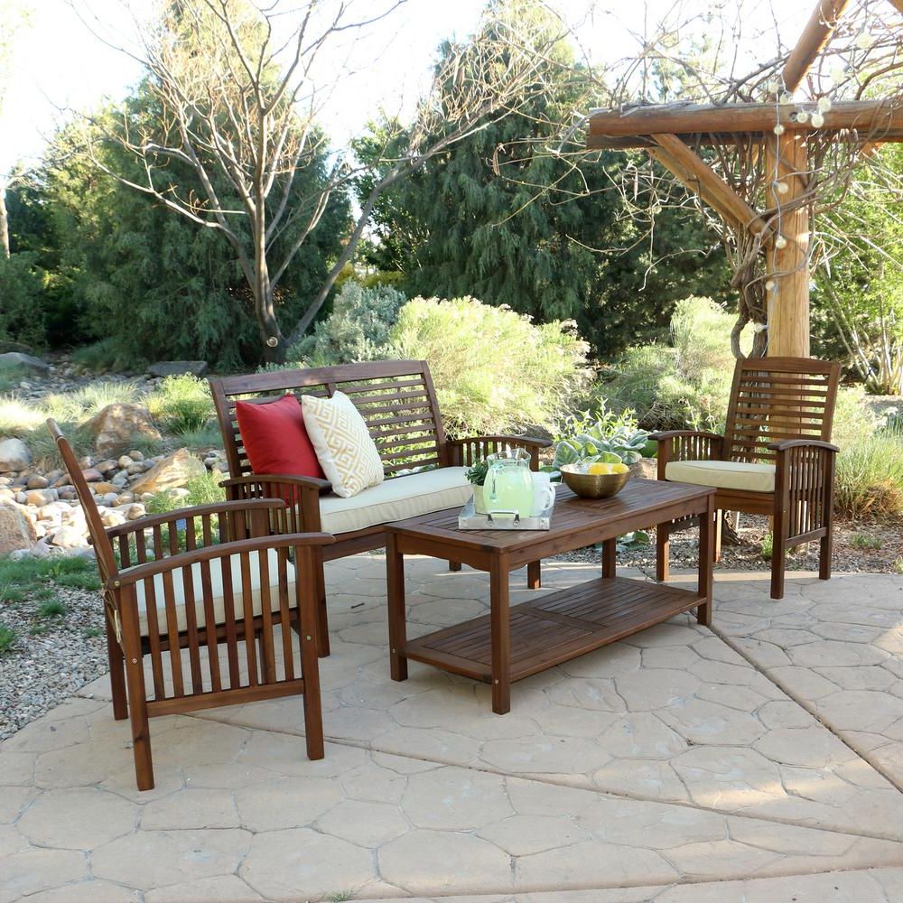 Brown Acacia Patio Chairs With Cushions Intended For 2020 Walker Edison Furniture Company Boardwalk 4 Piece Dark Brown Acacia (View 13 of 15)