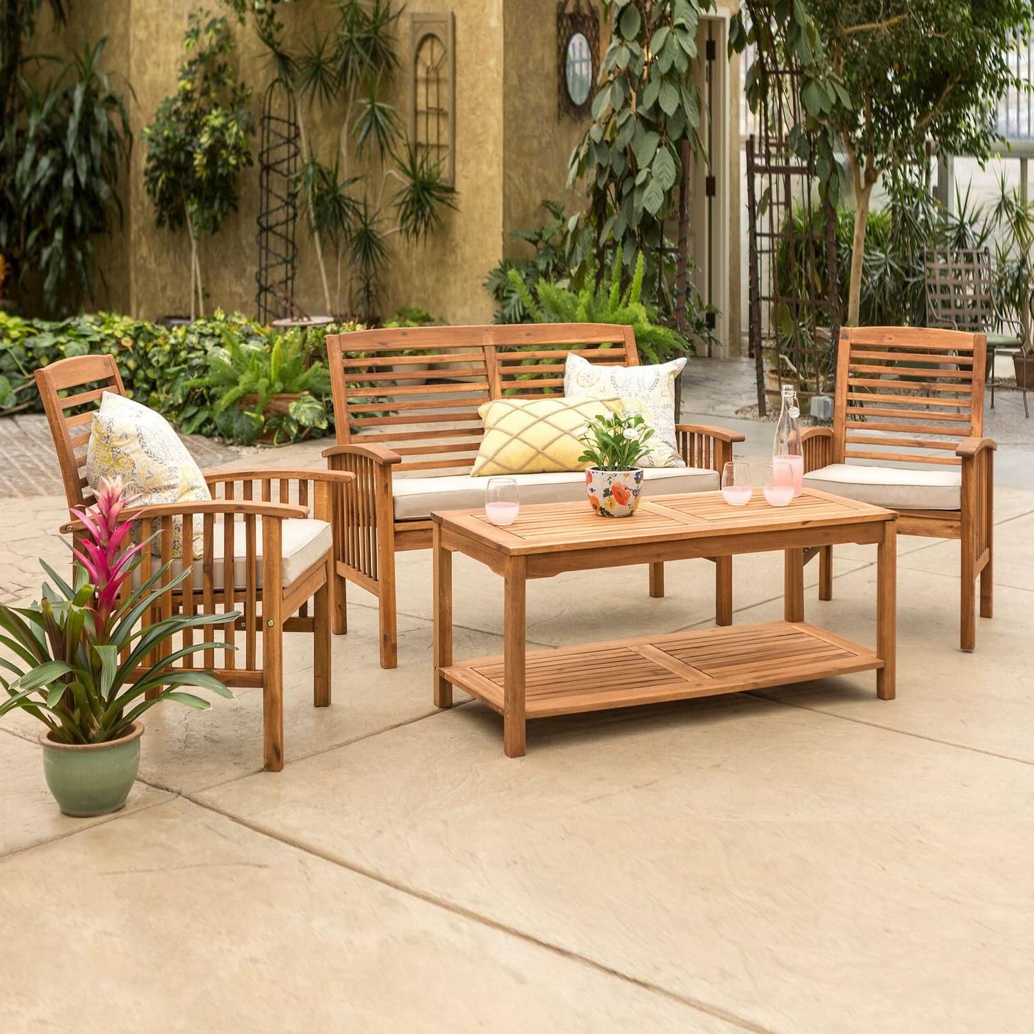 Brown Acacia Patio Chairs With Cushions Within Famous Walker Edison Midland 4 Piece Brown Acacia Patio Conversation Set W (View 1 of 15)