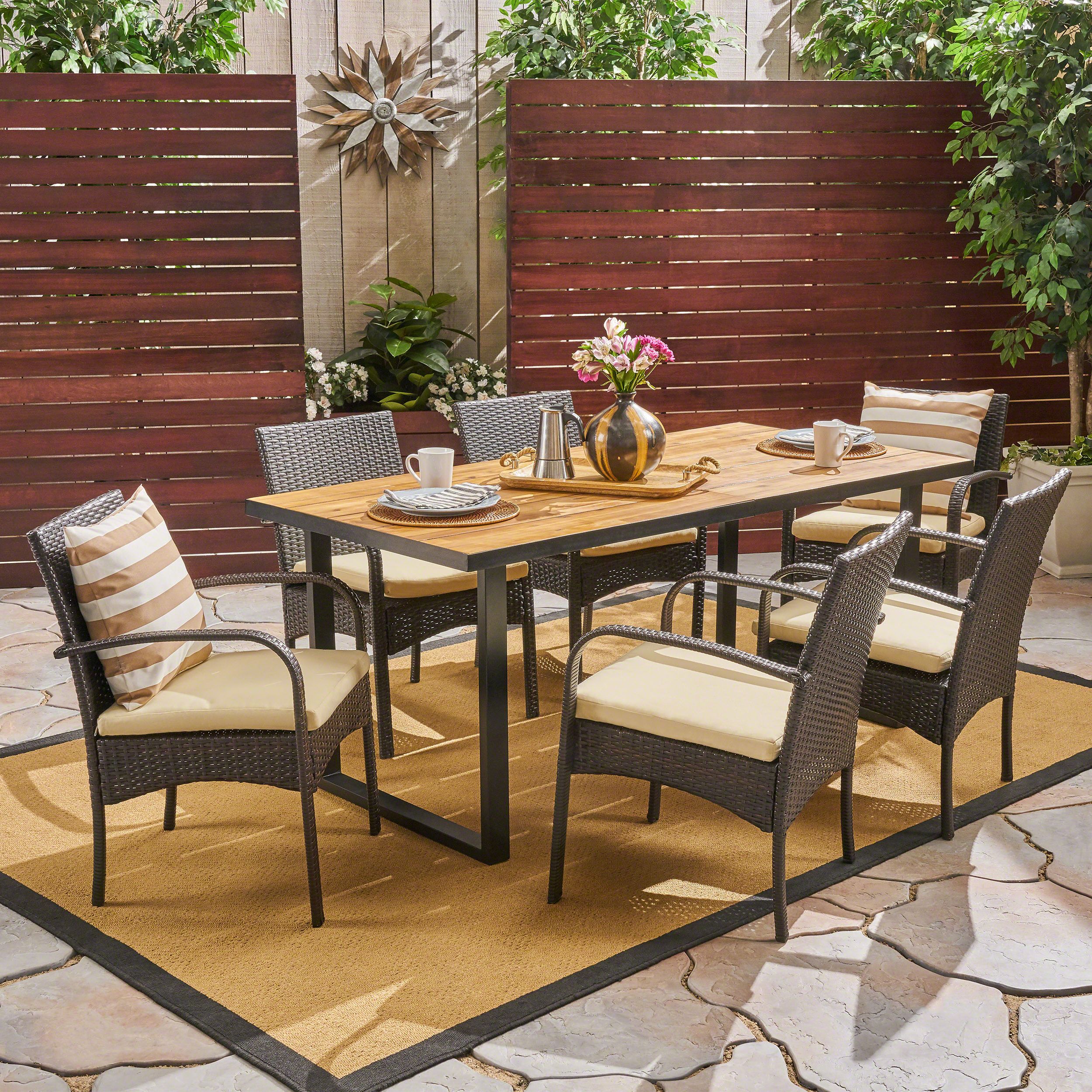 Brown Acacia Patio Dining Sets Pertaining To Most Recently Released Juliet Outdoor 7 Piece Acacia Wood And Wicker Rectangular Dining Set (View 3 of 15)