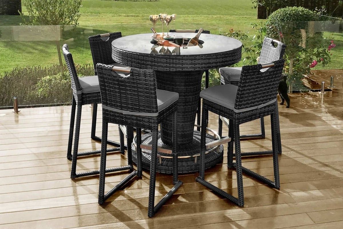 Brown Fabric Outdoor Patio Bar Chairs Sets In 2019 Maze Rattan 6 Seat Round Bar Set With Ice Bucket (View 14 of 15)