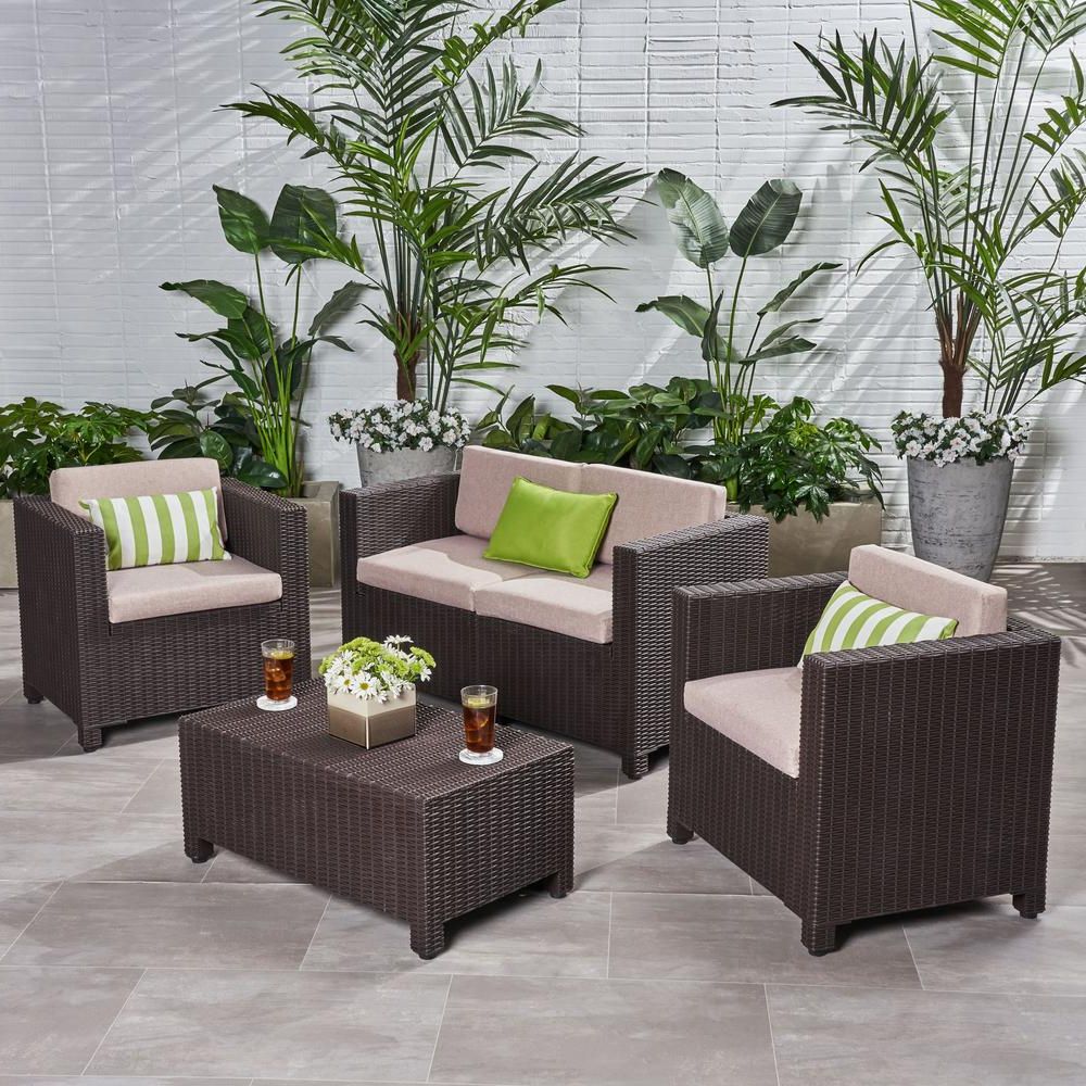 Brown Patio Conversation Sets With Cushions Regarding 2020 Noble House Primrose Dark Brown 4 Piece All Weather Faux Wicker Patio (View 8 of 15)