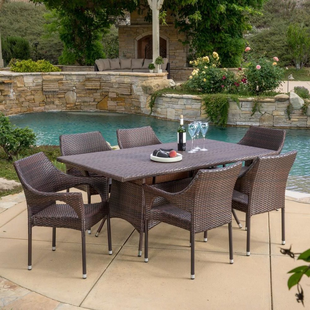 Brown Wicker Rectangular Patio Dining Sets In Most Popular Noble House Sinclair Multi Brown 7 Piece Wicker Outdoor Dining Set In (View 2 of 15)