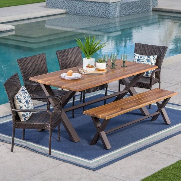 Bullerton Outdoor 6 Piece Rectangle Wicker Wood Dining Set Within Favorite Wood Rectangular Outdoor Dining Sets (View 13 of 15)
