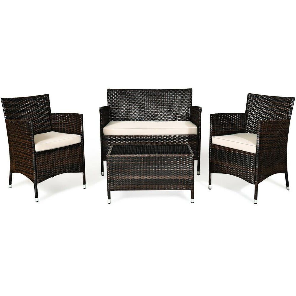 Casainc Brown 4 Piece Rattan Patio Conversation Set With Beige Cushions With Regard To Well Known Brown Patio Conversation Sets With Cushions (View 12 of 15)