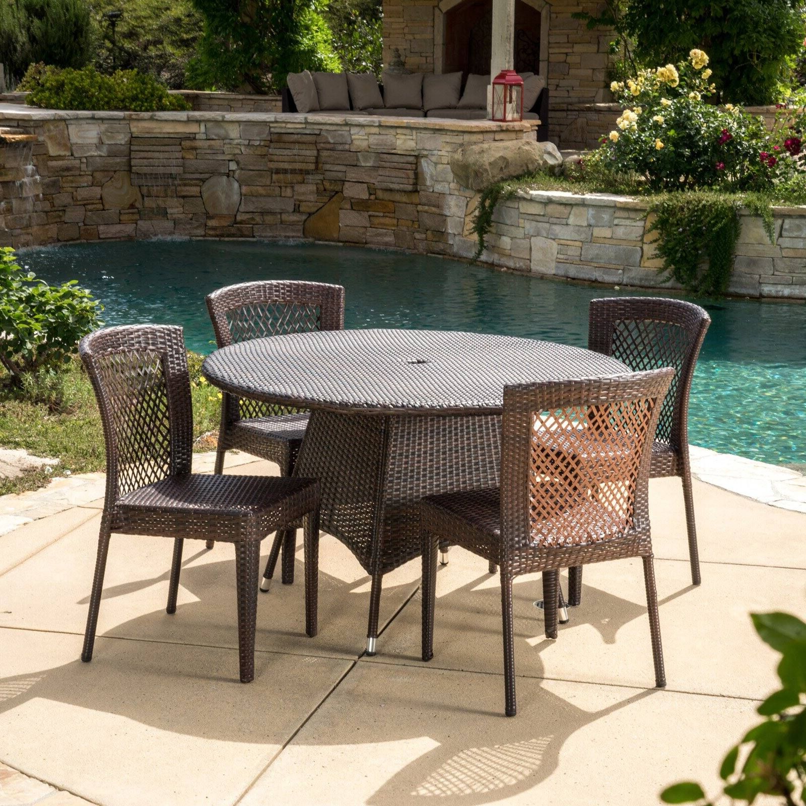 Celia Wicker 5 Piece Round Patio Dining Set – Brown – Walmart Intended For Fashionable 5 Piece Round Dining Sets (View 15 of 15)