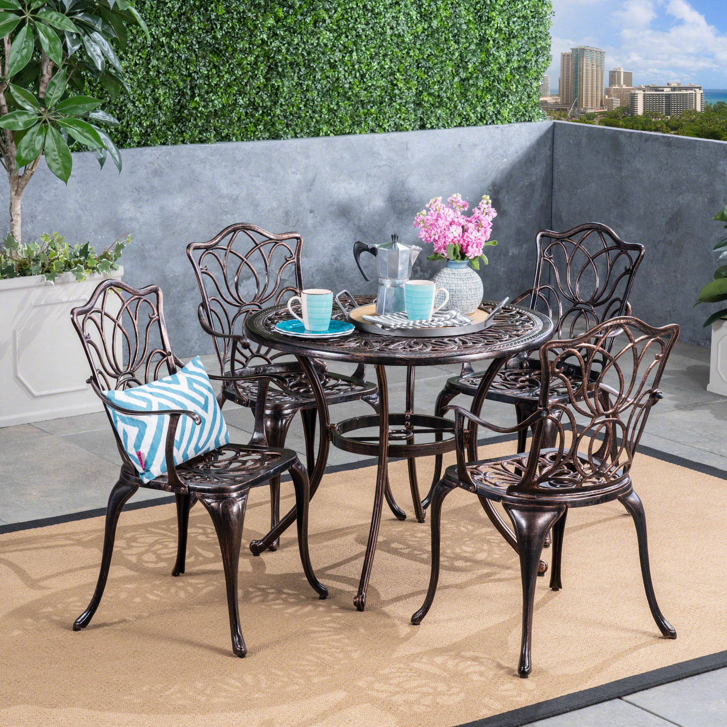 Clayton Outdoor 5 Piece Cast Aluminum Round Table Dining Set, Shiny Pertaining To 2019 5 Piece Round Dining Sets (View 6 of 15)
