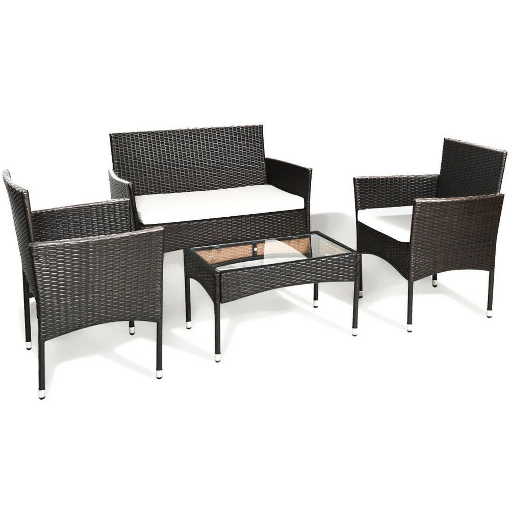Costway 4 Piece Wicker Patio Conversation Seating Set With Rattan Regarding Widely Used 4 Piece Outdoor Wicker Seating Sets (View 4 of 15)