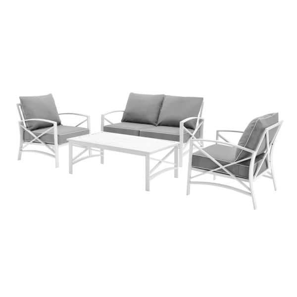 Crosley Kaplan White 4 Piece Metal Patio Seating Set With Grey Cushions Pertaining To Recent White 4 Piece Outdoor Seating Patio Sets (View 13 of 15)