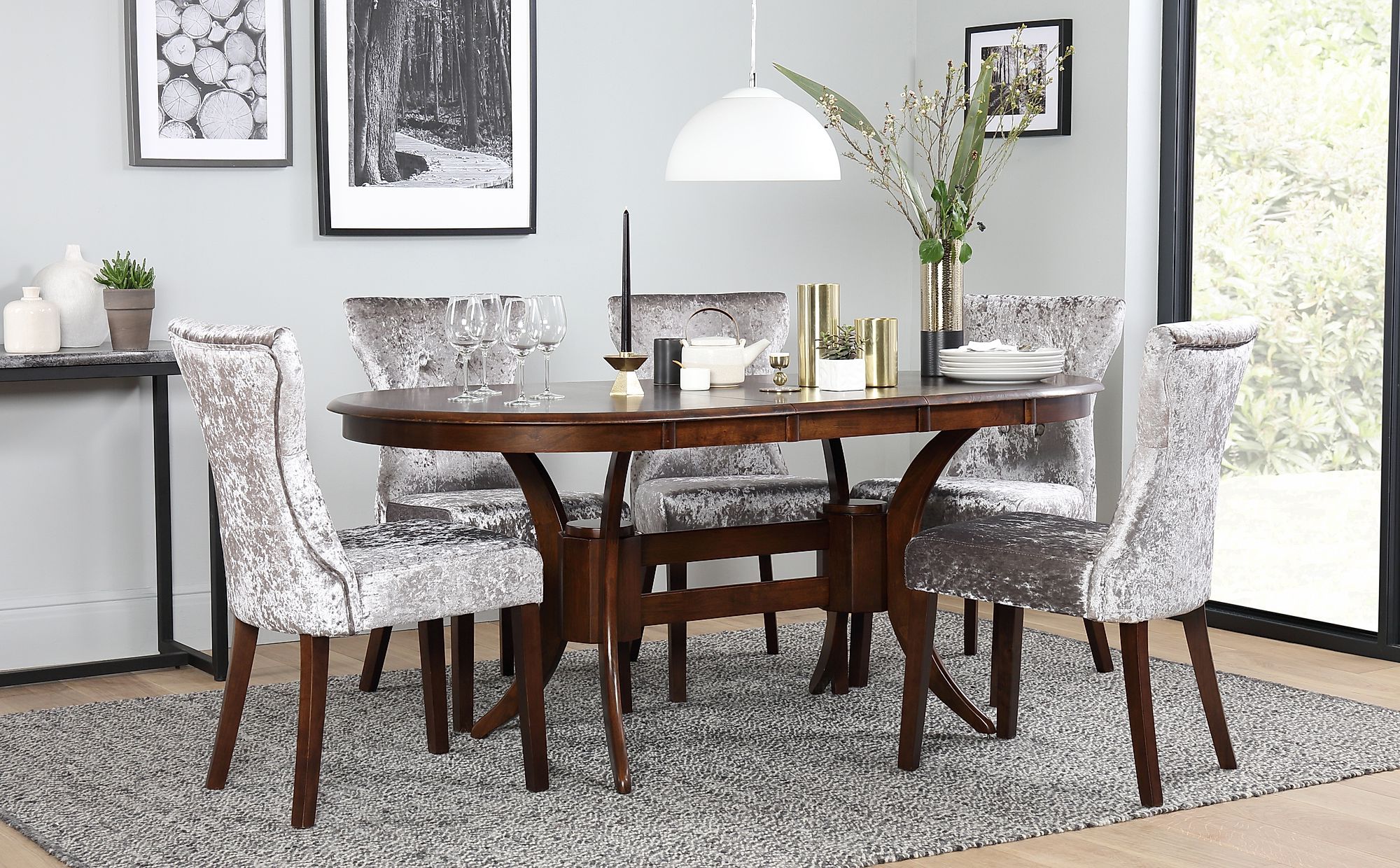 Current Extendable Oval Dining Sets With Regard To Townhouse Oval Dark Wood Extending Dining Table With 4 Bewley Silver (View 9 of 15)