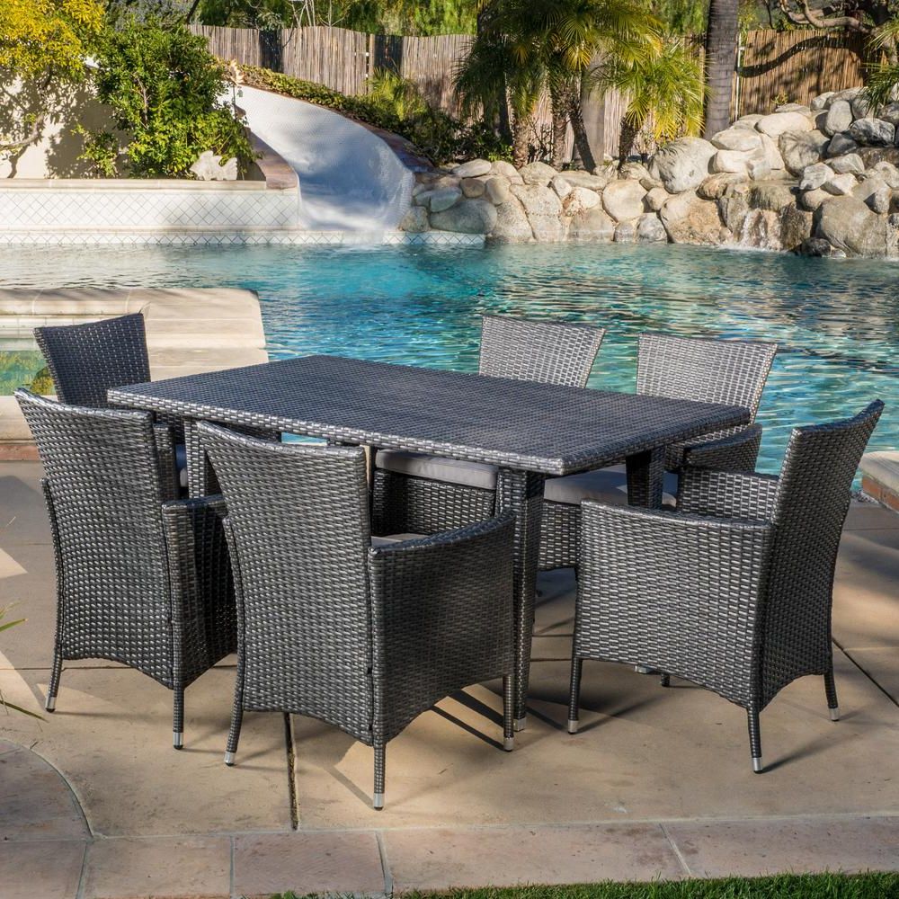Current Noble House Malta Grey 7 Piece Wicker Rectangular Outdoor Dining Set Intended For 7 Piece Small Patio Dining Sets (View 5 of 15)