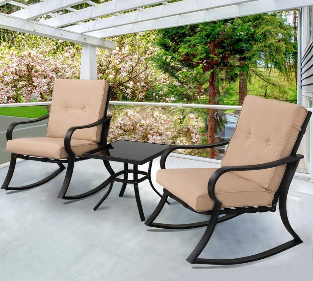 Current Suncrown Outdoor 3 Piece Rocking Chairs Bistro Set, Black Steel Patio With Dark Brown Patio Chairs With Cushions (View 6 of 15)