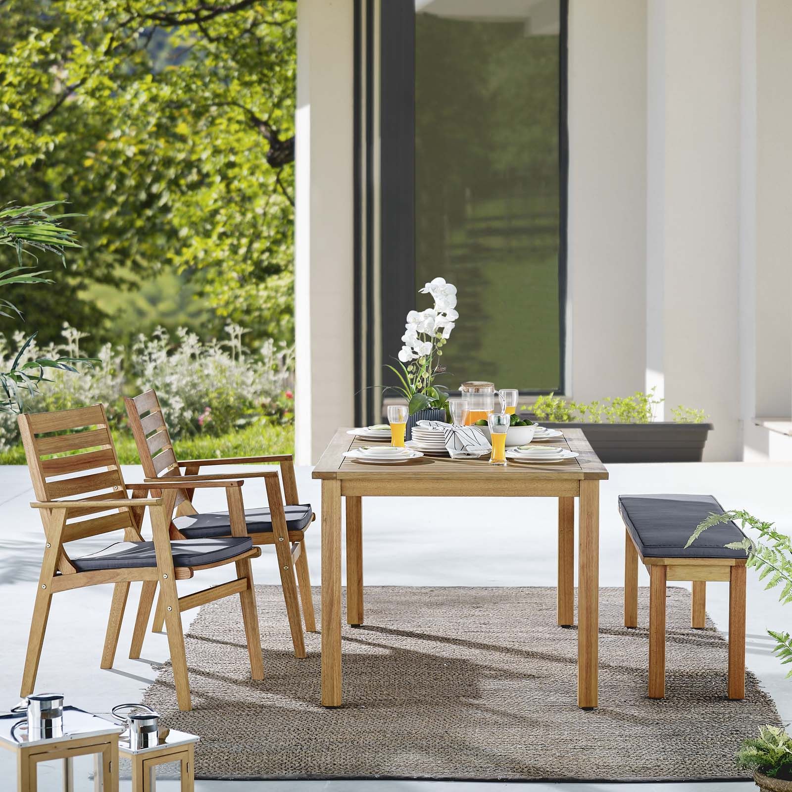 Current Syracuse Outdoor Patio Eucalyptus Wood Dining Set With Accent Bench And With Natural Outdoor Dining Chairs (View 5 of 15)