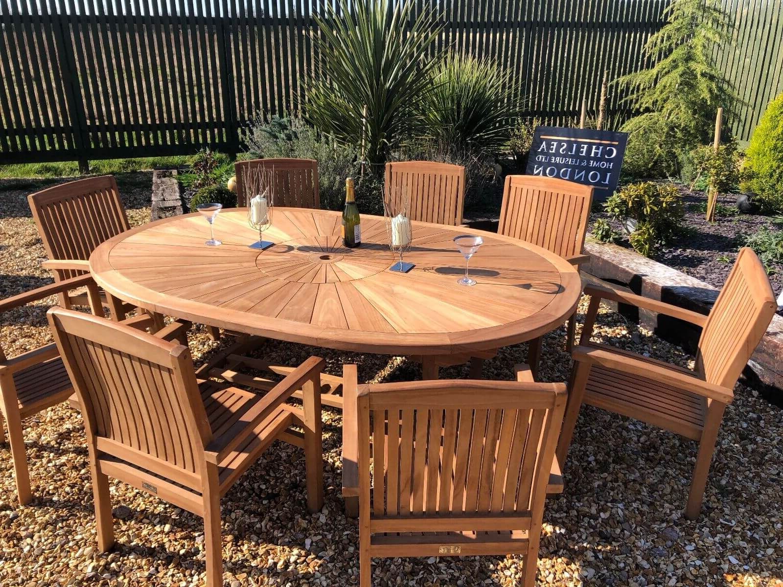Current Teak Wicker Outdoor Dining Sets Regarding Teak Garden Furniture Premium Oval Table With 8 Teak Stacking Chairs (View 15 of 15)