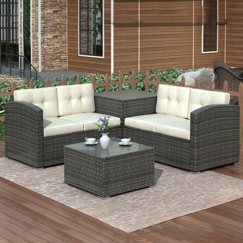 Current Wicker Bistro Patio Sets, 4 Piece Rattan Patio Sofa Furniture, Loveseat Inside Wicker Beige Cushion Outdoor Patio Sets (View 1 of 15)