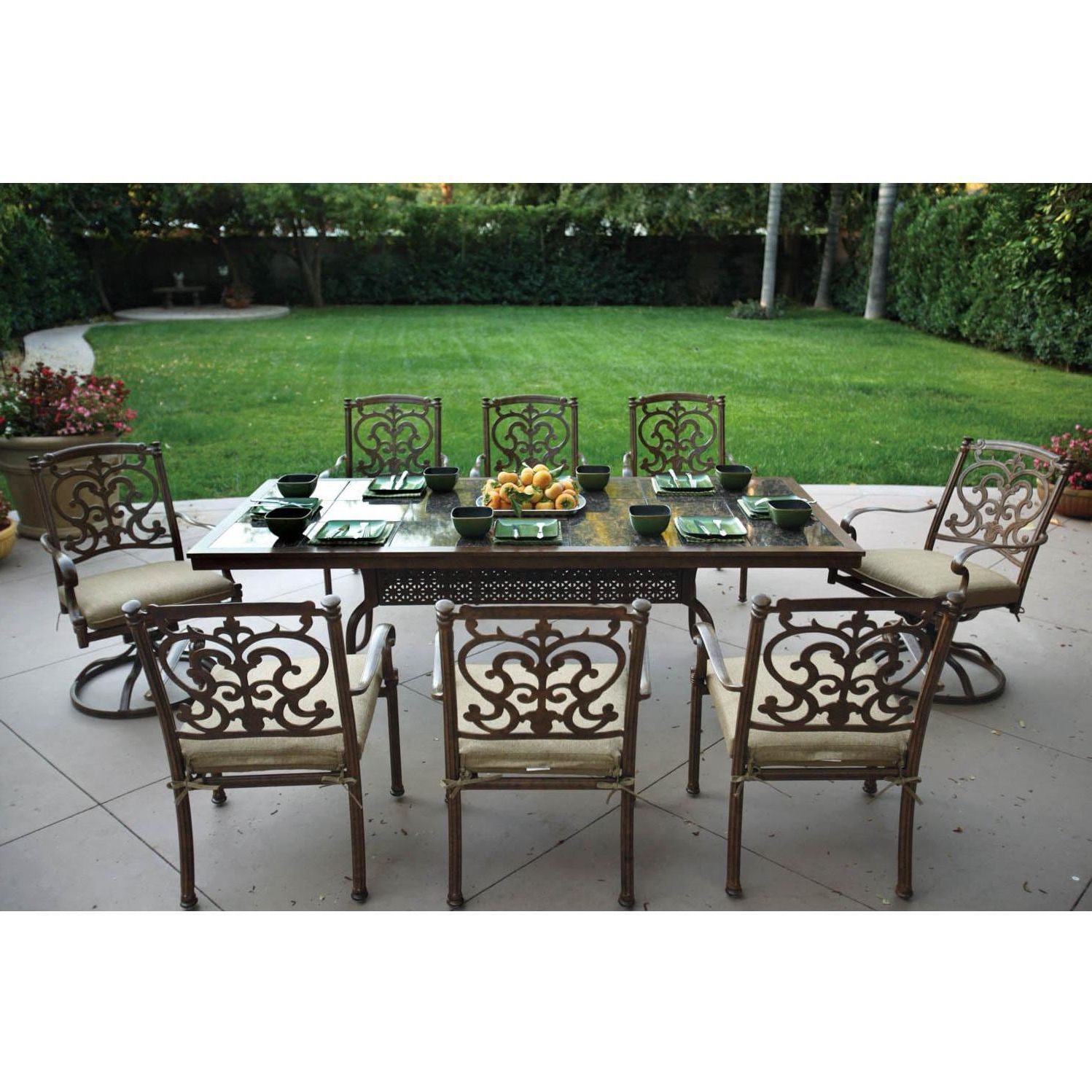 Darlee Santa Barbara 9 Piece Cast Aluminum Patio Dining Set With Within Popular Brown 9 Piece Outdoor Dining Sets (View 12 of 15)