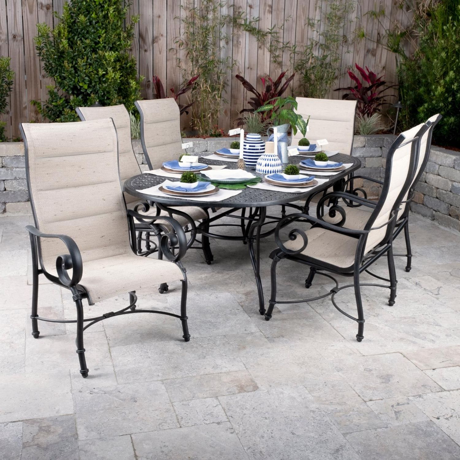 Dining Sling Back Patio Chairs / Berkley Jensen Rowley 9 Pc Sling Within Trendy Extendable Oval Patio Dining Sets (View 15 of 15)