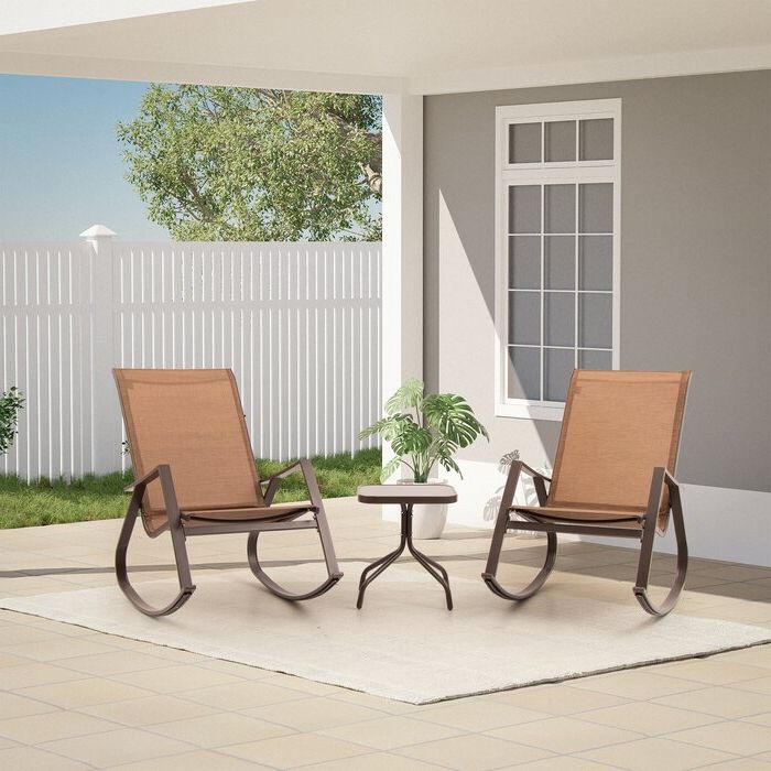 Ebern Designs 3 Pcs Patio Bistro Set, Rocking Chairs & Tempered Class For Trendy Outdoor Rocking Chair Sets With Coffee Table (View 11 of 15)