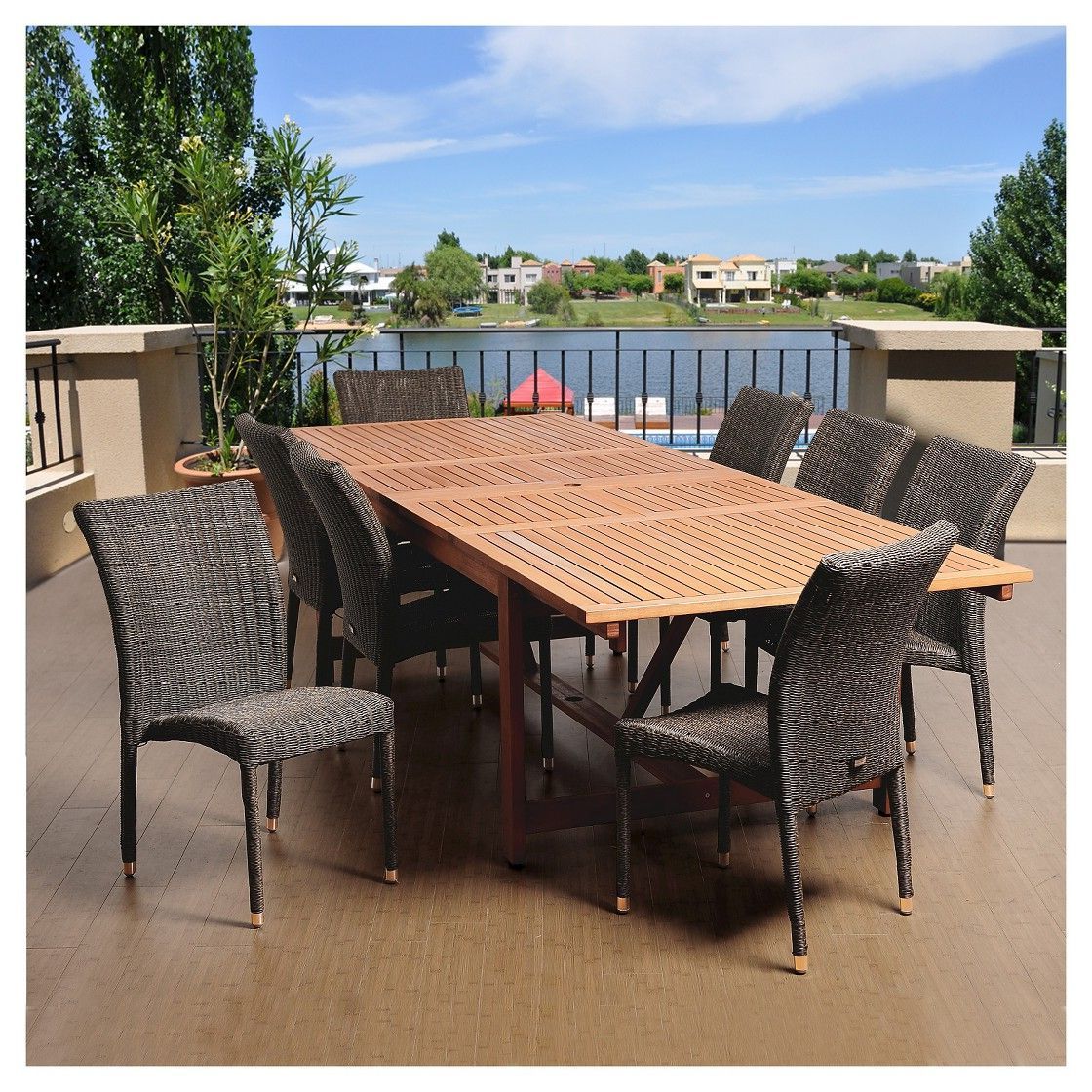 Eucalyptus Extendable Patio Dining Sets With Most Current Panama Beach 9 Pc Eucalyptus/wicker Extendable Rectangular Patio Dining (View 3 of 15)
