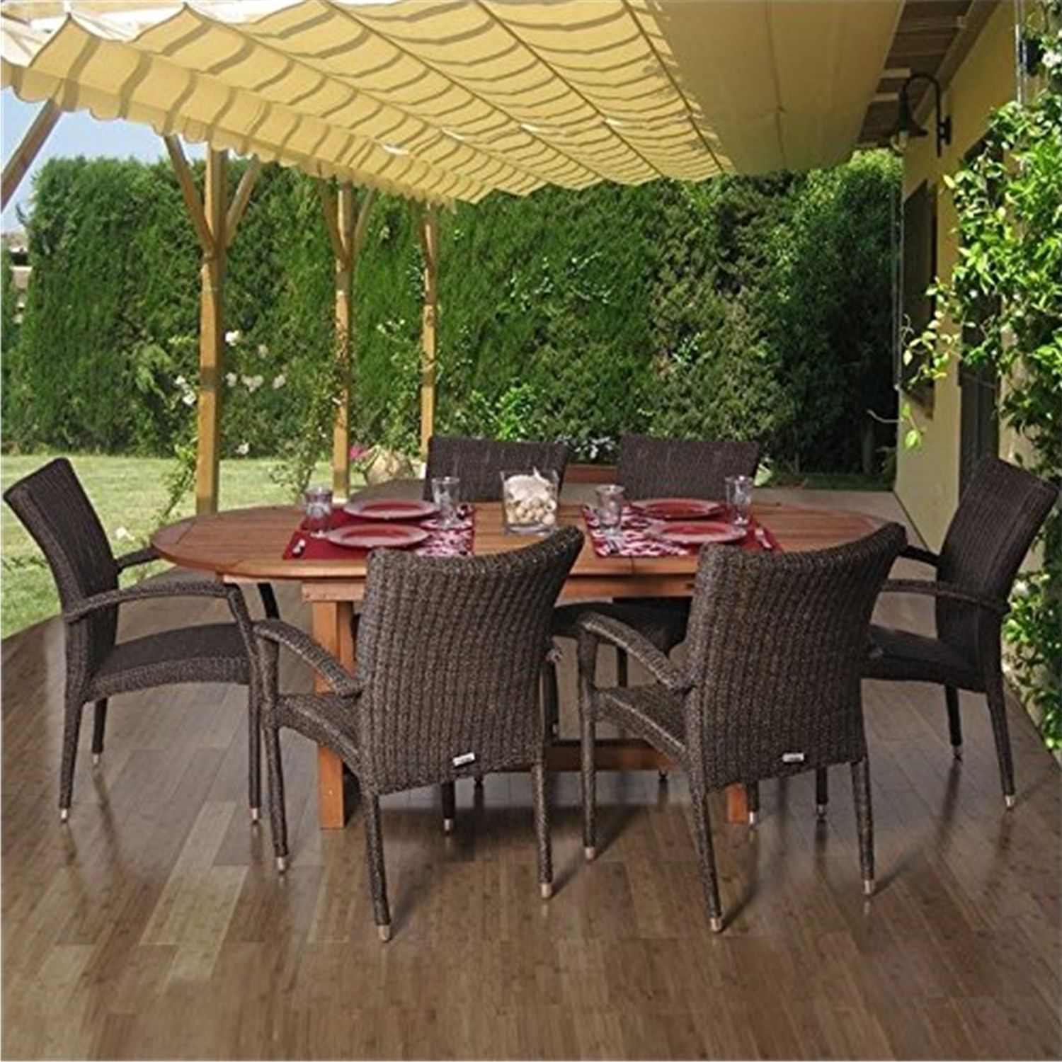 Extendable 7 Piece Patio Dining Sets Intended For 2020 Lemans Deluxe 7 Piece Eucalyptus/wicker Extendable Oval Patio Dining (View 1 of 15)