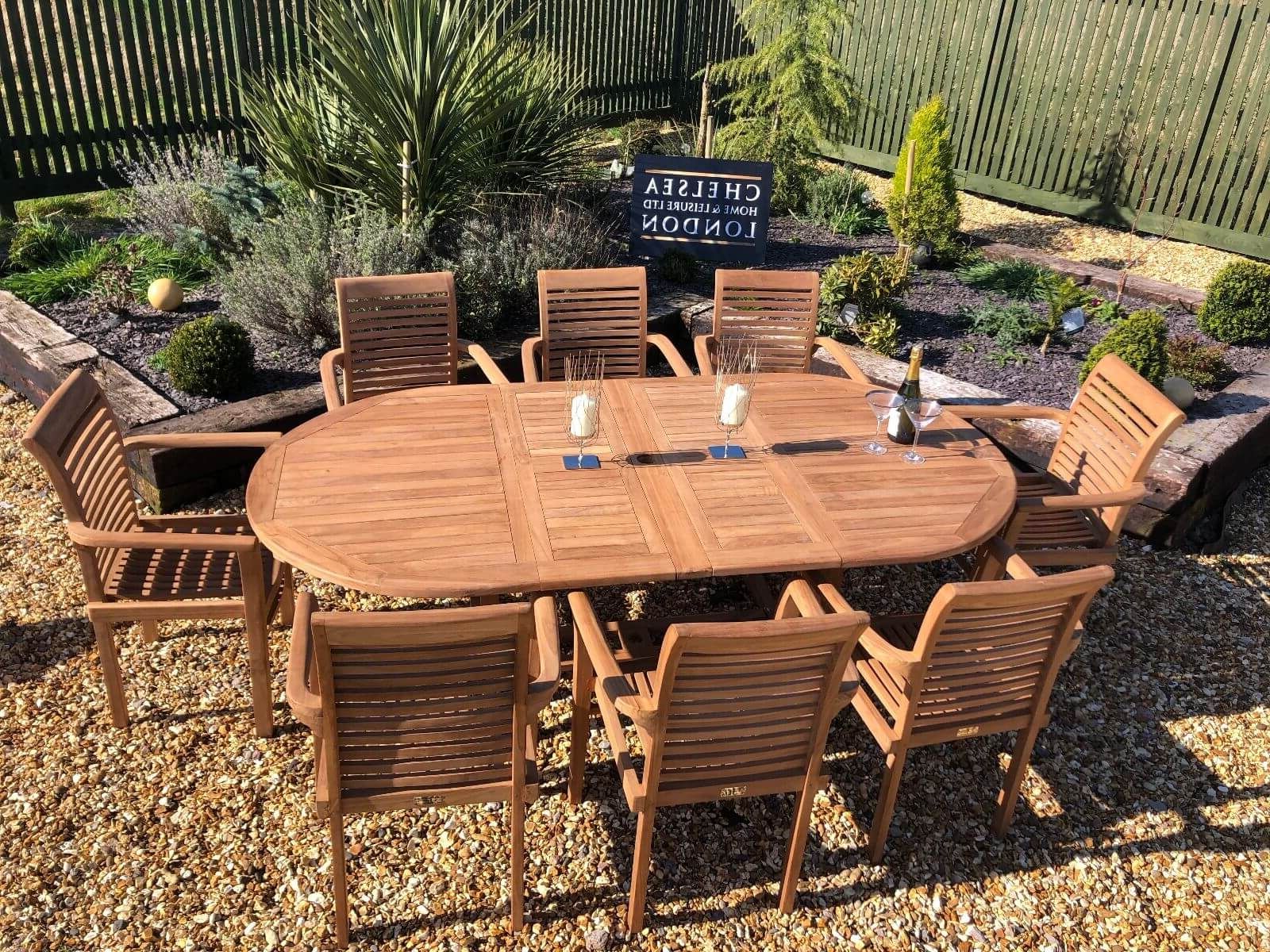 Extendable Oval Patio Dining Sets Regarding Current Luxury Extending Teak Table With 8 Stacking Teak Chairs – Chelsea Home (View 5 of 15)