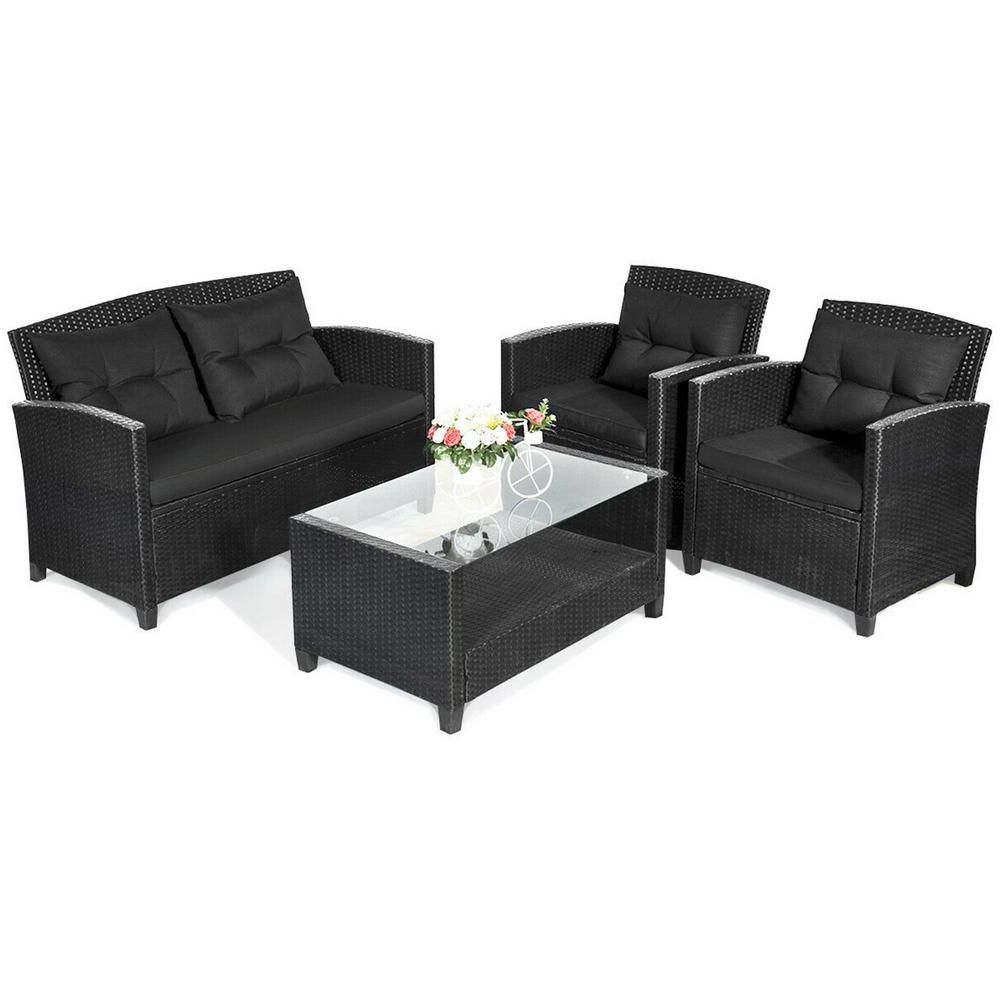 Fabric 5 Piece 4 Seat Outdoor Patio Sets Within Popular Casainc Black 5 Piece Wicker Patio Conversation Set With Cushionguard (View 1 of 15)