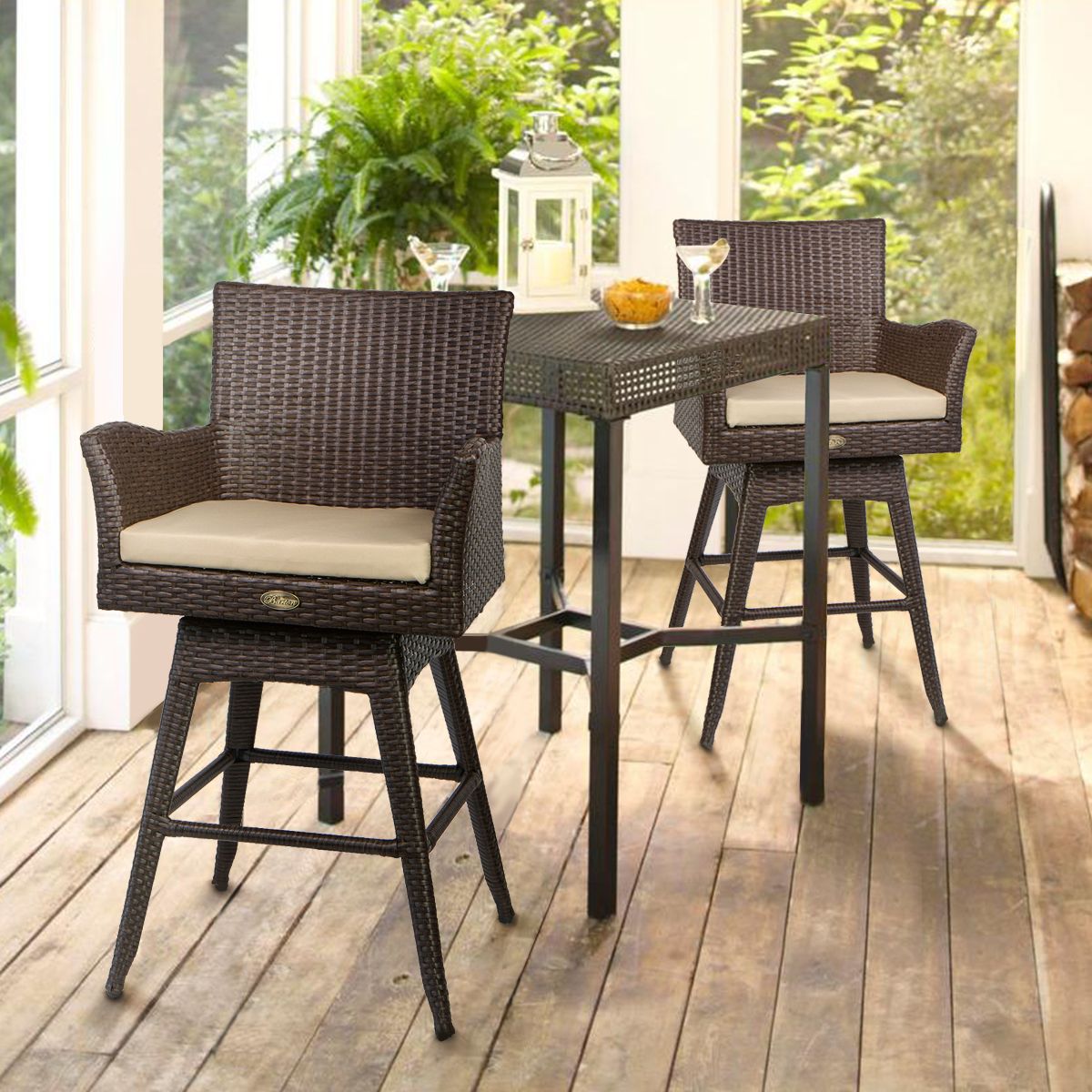 Fabric Outdoor Patio Sets Pertaining To Trendy Barton Outdoor Patio Swivel Bar Stool Armrest With Footrest Rattan (View 14 of 15)