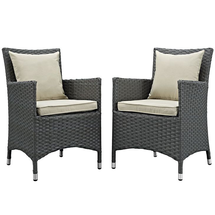 Fabric Outdoor Wicker Armchairs For 2020 Sojourn 2 Rattan Patio Arm Chairs With Beige Fabric Cushionmodway (View 7 of 15)