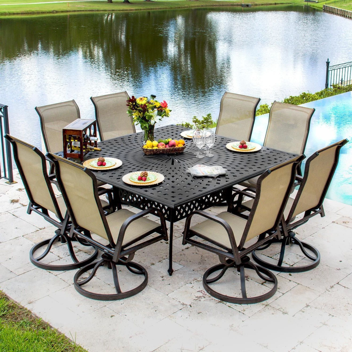 Famous 9 Piece Teak Outdoor Square Dining Sets With Regard To Madison Bay 9 Piece Sling Patio Dining Set With Swivel Rockers And (View 14 of 15)
