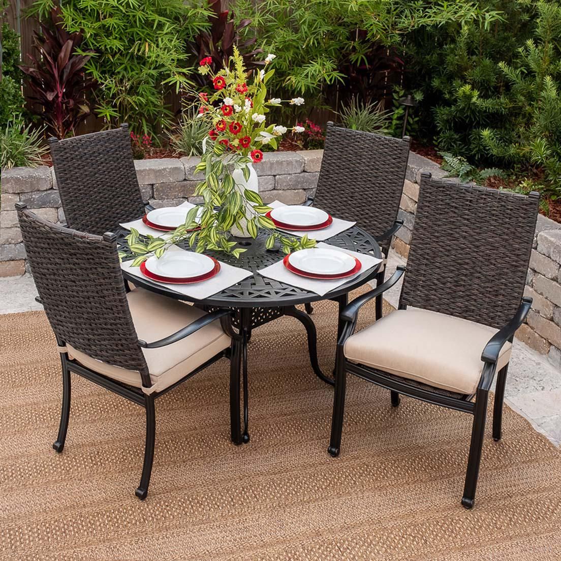 Famous Carondelet 5 Piece Wicker Patio Dining Set W/ 48 Inch Round Patio For Wicker 5 Piece Round Patio Dining Sets (View 4 of 15)