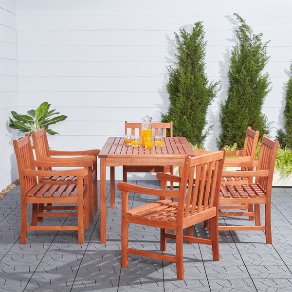 Famous Malibu Eco Friendly 7 Piece Eucalyptus Grandis Wood Outdoor Dining Set In Black Eucalyptus Outdoor Patio Seating Sets (View 13 of 15)