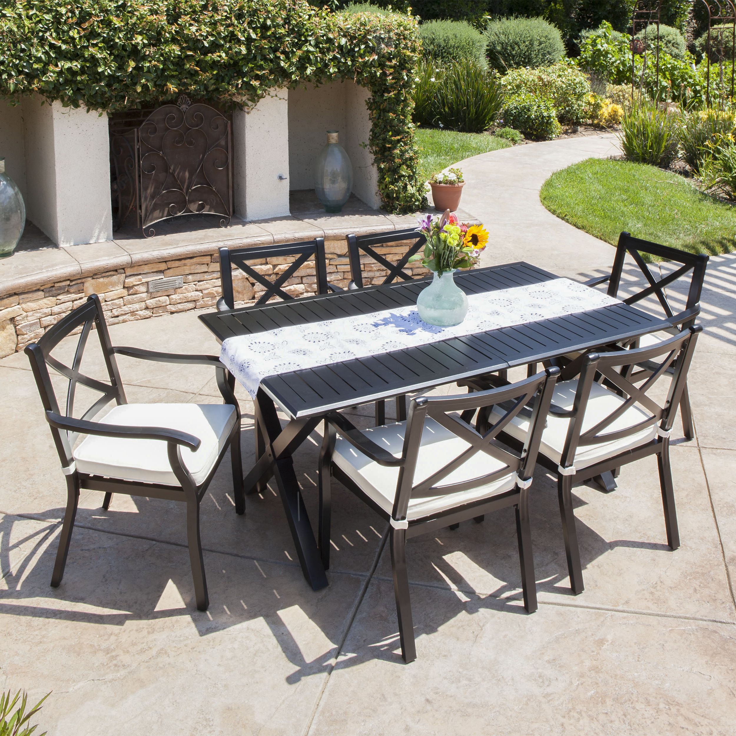 Famous Outdoor Expandable 7 Piece Cast Aluminum Dining Set With Cushions,ivory Regarding Patio Dining Sets With Cushions (View 8 of 15)